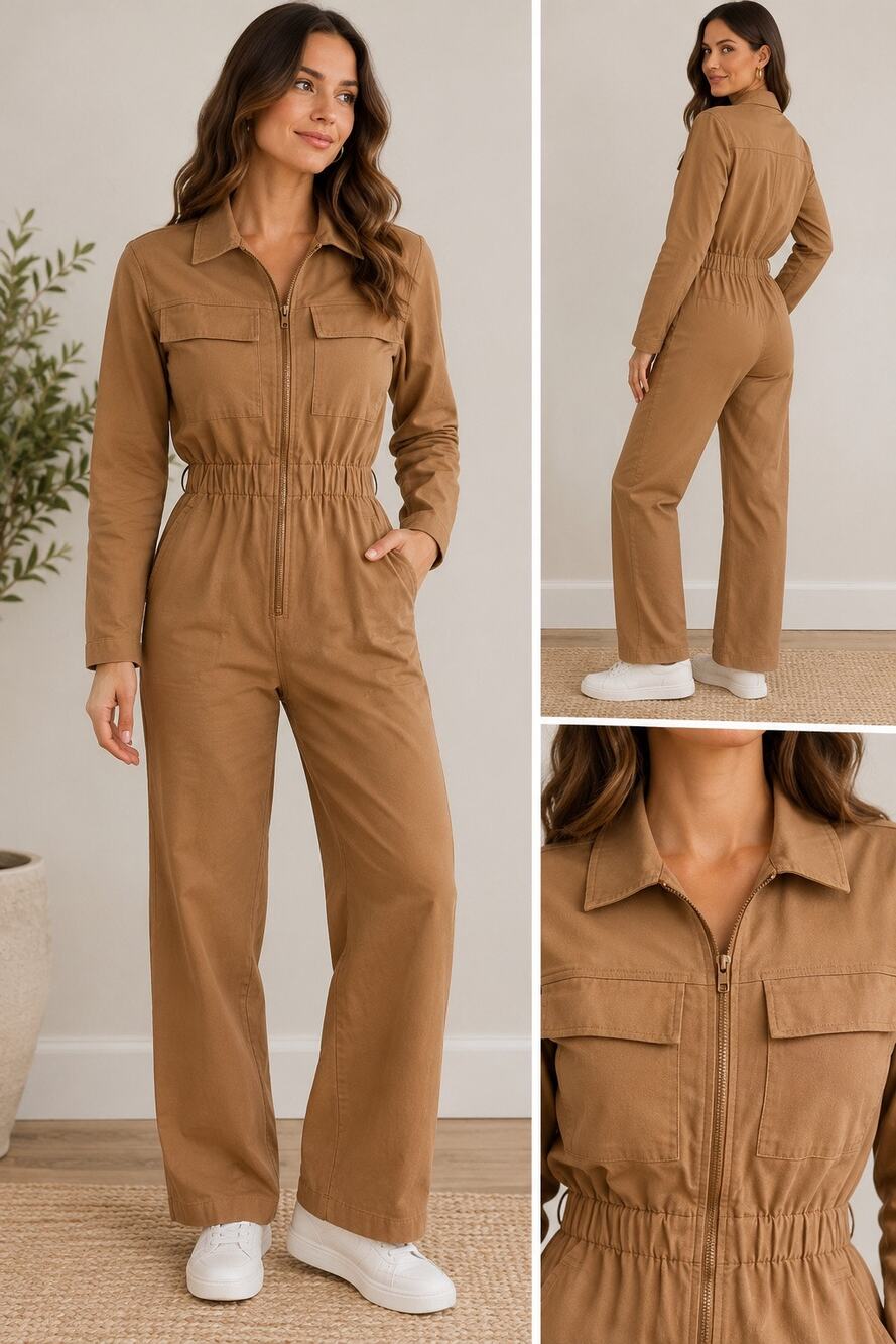 Julia by Love J Brown zip garage utility bibs long sleeve medium NWOT Camel